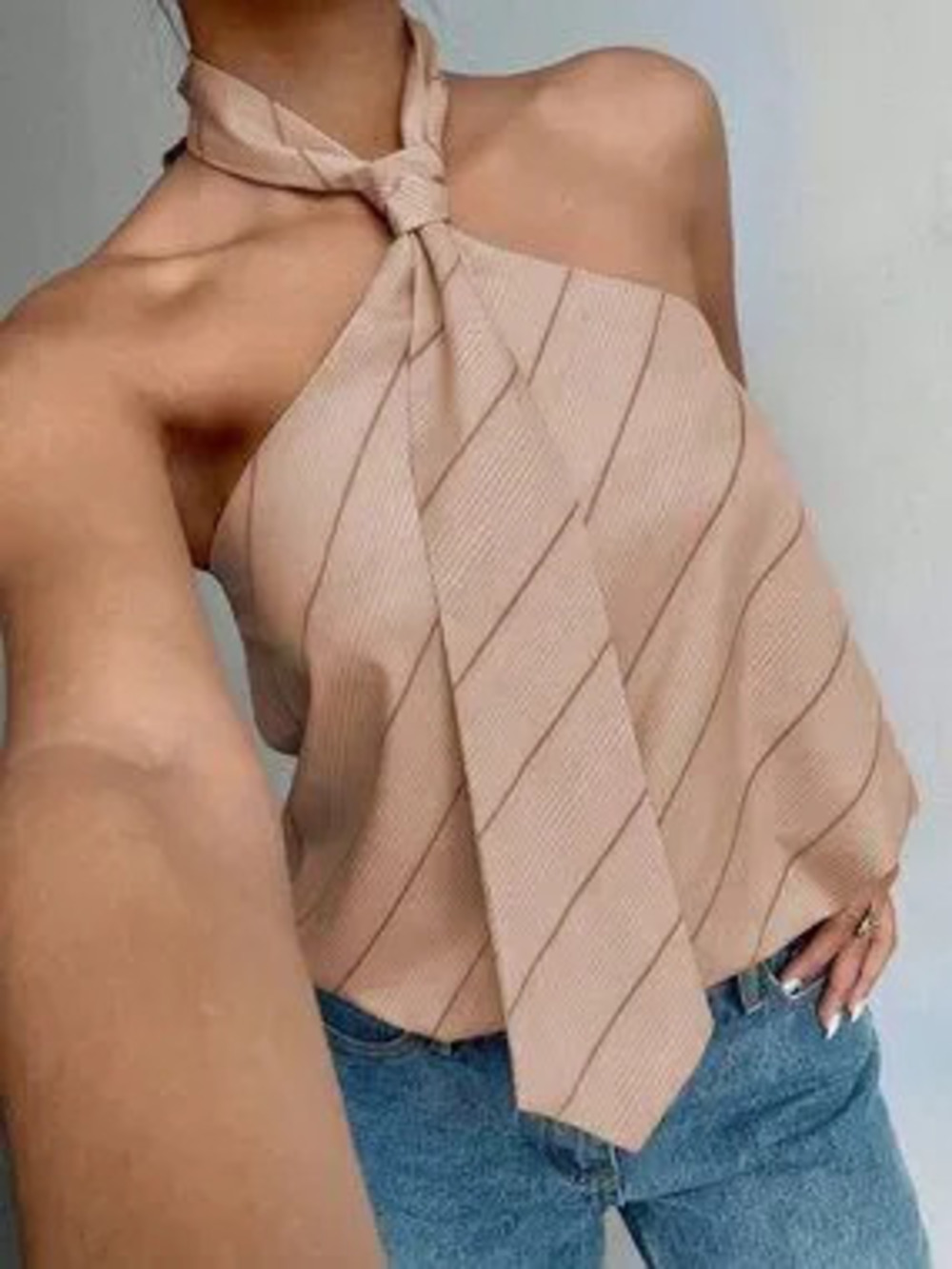 ZARA Multicolor Casual Women's Striped Necktie Design Halter Top